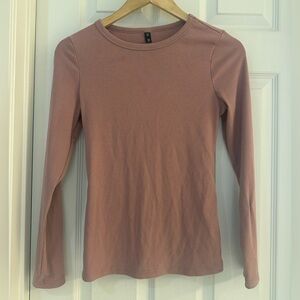 Ribbed Long Sleeve Top Mauve Pink Fitted Tee | XS